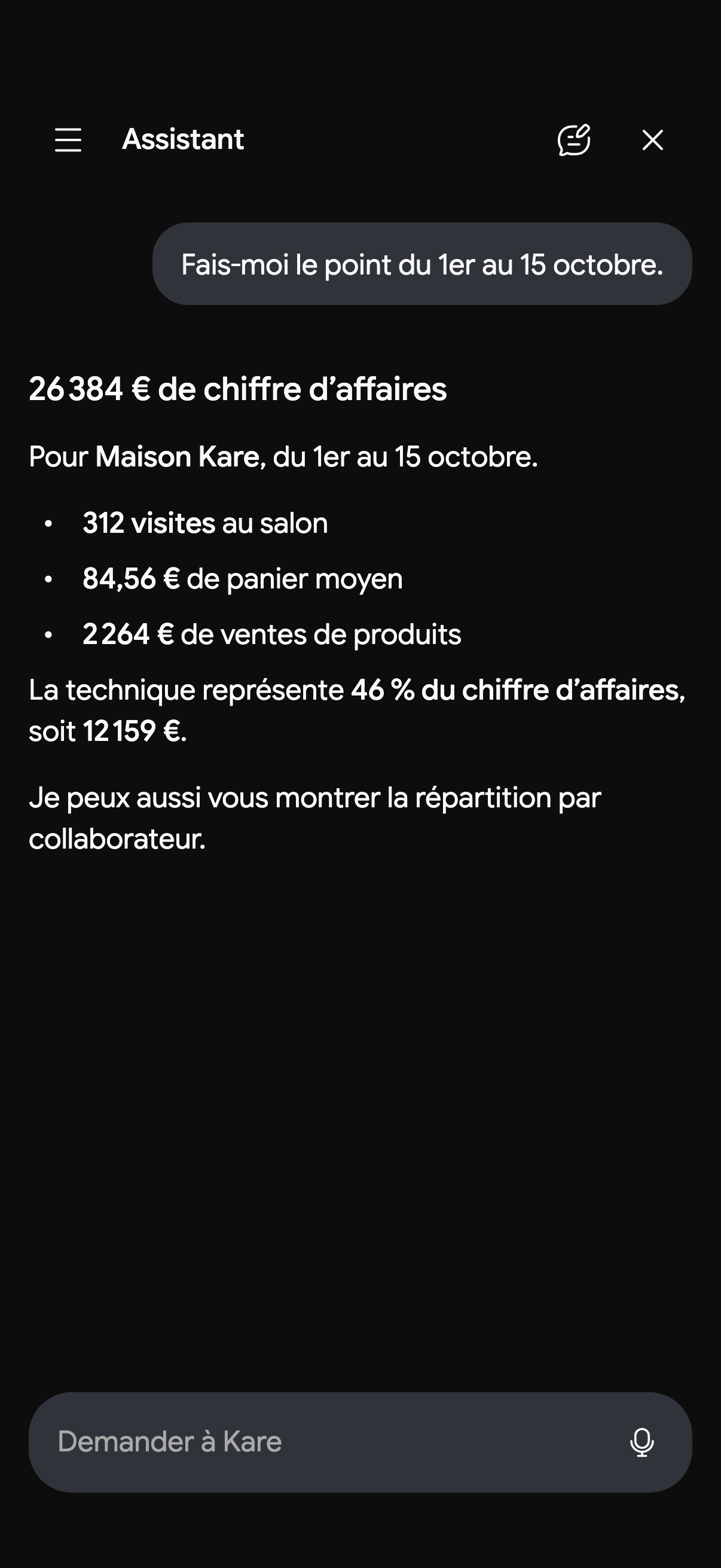 Une conversation avec l’assistant IA de Kare sur iPhone