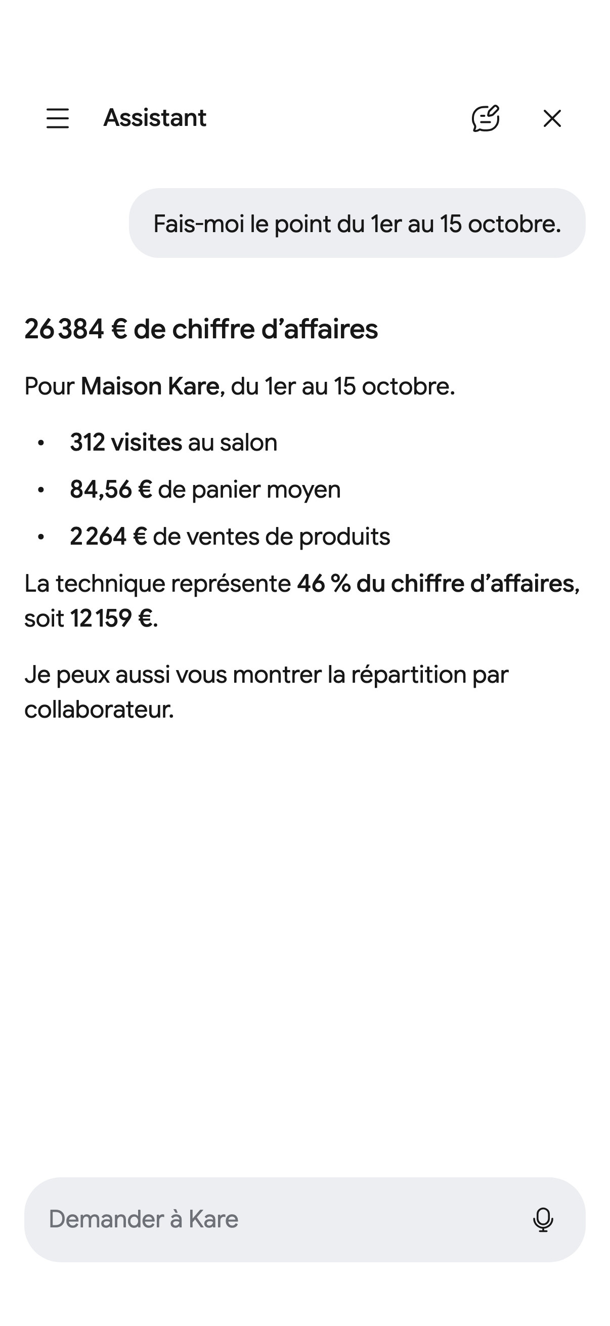 Une conversation avec l’assistant IA de Kare sur iPhone