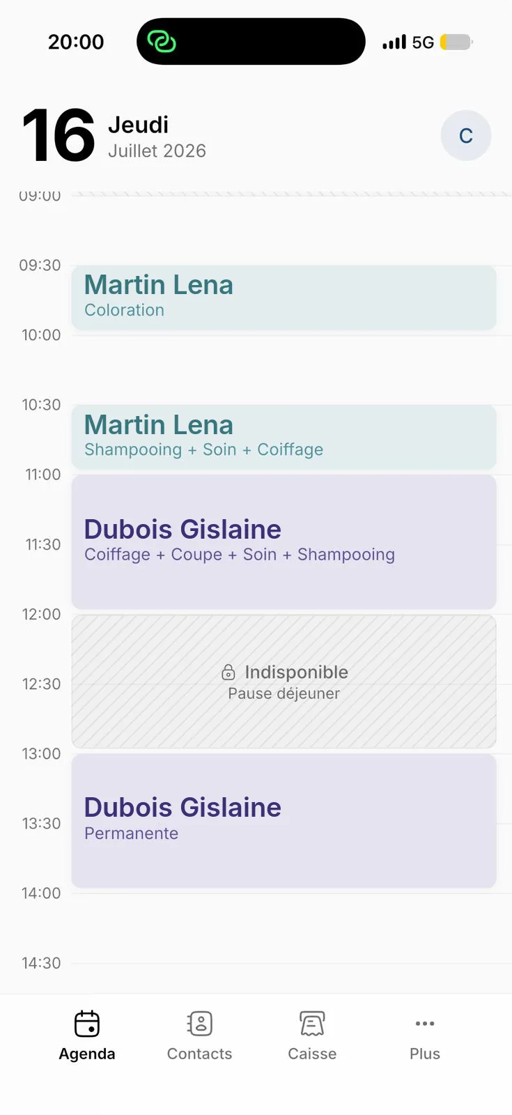 L'agenda de Kare : rendez-vous du jour, prestations et disponibilités.